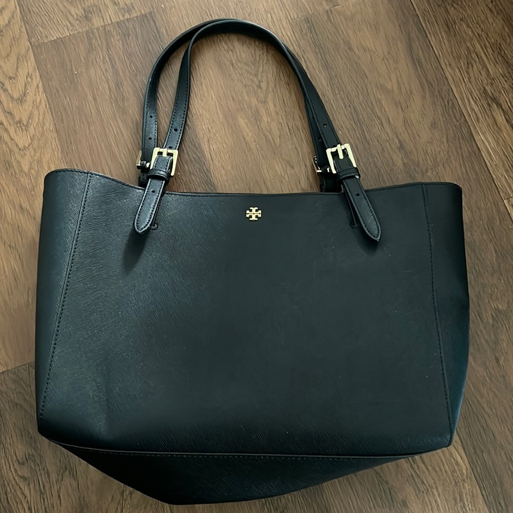 Tory Burch black small tote bag with iPad holder inside